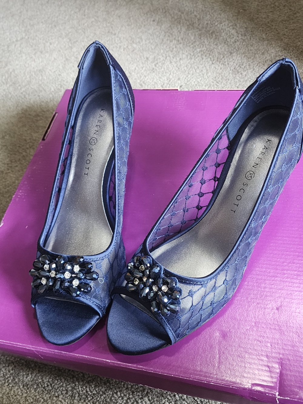 Karen Scott Navy Peep-Toe Heels with Crystal Accent